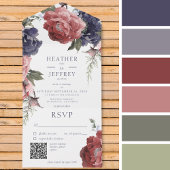 Rustikaler rosa und blaue Peonies Weißer QR-Code All In One Einladung