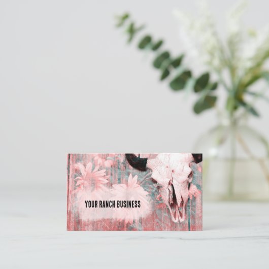 Rustikaler Rosa Western Bull Skull Sonnenblumen Ho Visitenkarte (Stehend Vorderseite)