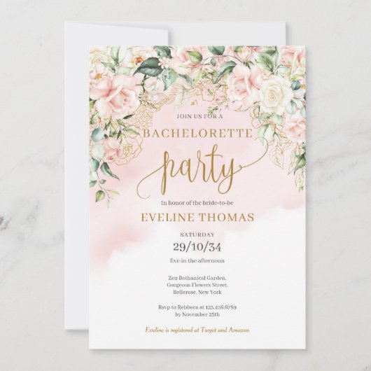 Rustikaler Rosenrosen Rosengold Junggeselinnen-Abs Einladung (Vorderseite)