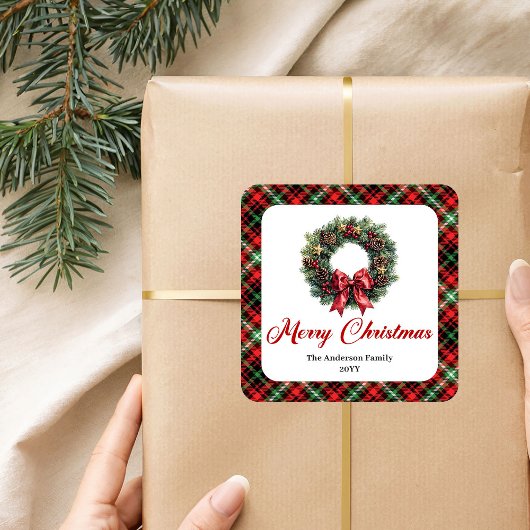 Rustikaler Rot-Grün-Karo-Weihnachtskranz-Aufkleber Quadratischer Aufkleber