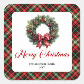 Rustikaler Rot-Grün-Karo-Weihnachtskranz-Aufkleber Quadratischer Aufkleber (Vorderseite)