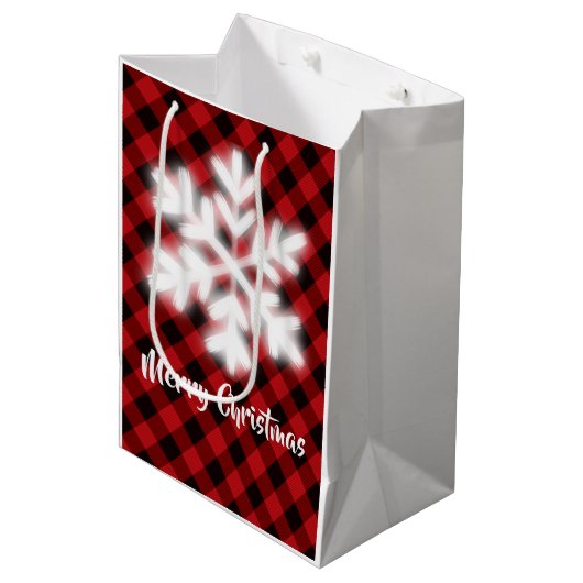 Rustikaler roter Büffel kariert - Schneeflocke Mittlere Geschenktüte (Vorderseite Schrägansicht)