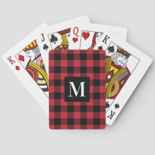 Rustikaler roter Büffel-Karo-Schachbrett-Monogramm Spielkarten