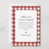 Rustikaler roter Gingham-Hochzeitsbogen für Engage Save The Date (Rückseite)