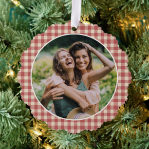 Rustikaler Roter Gingham-Weihnachtsfoto Modern Ornament Karte