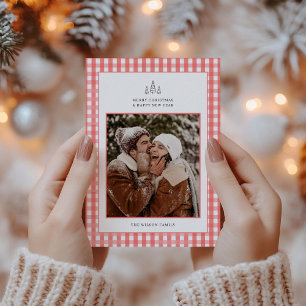 Rustikaler roter Karo-Paar-Foto-Weihnachten Feiertagskarte