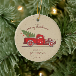 Rustikaler roter LKW-Baum-Name-Foto Keramik Ornament