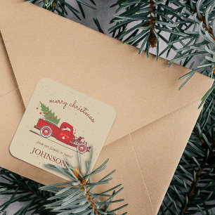 Rustikaler roter LKW-Baum personalisiert Quadratischer Aufkleber