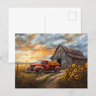Rustikaler roter LKW mit Pumpkins und Sonnenblumen Postkarte