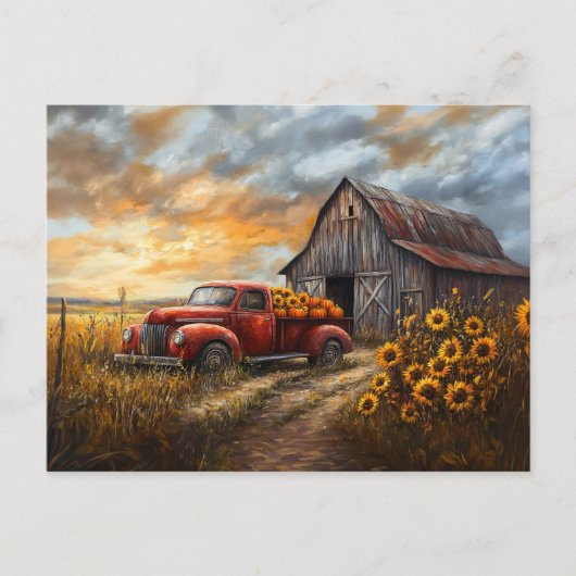 Rustikaler roter LKW mit Pumpkins und Sonnenblumen Postkarte (Vorderseite)