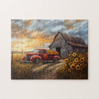Rustikaler roter LKW mit Pumpkins und Sonnenblumen Puzzle