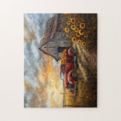Rustikaler roter LKW mit Pumpkins und Sonnenblumen Puzzle (Vertikal)