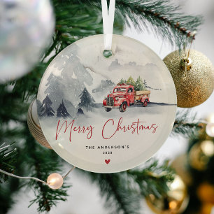 Rustikaler roter LKW-Weihnachten personalisiert Ornament Aus Glas