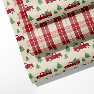 Rustikaler roter LKW & Weihnachtskariert  Geschenkpapier Set