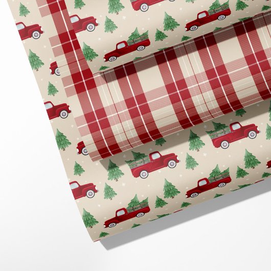 Rustikaler roter LKW & Weihnachtskariert  Geschenkpapier Set