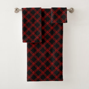 Rustikaler roter und schwarzer Tartan mit geprägte Badhandtuch Set