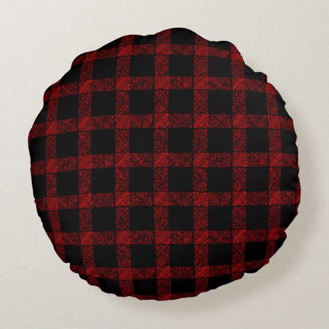 Rustikaler roter und schwarzer Tartan mit geprägte Rundes Kissen (Rückseite)
