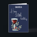 Rustikaler Rotwein Glass Olive 50th Happy Birthday Einladung<br><div class="desc">Rustikaler Rotwein Glass Olive 50. Happy Birthday. Geburtstagskarte für sie oder ihn. Die Einrichtung besteht aus einem Rotwein,  Rose und Blätter aus Olivenöl auf marineblauem Hintergrund. Der Text ist ein weißes Skript und ist vollständig anpassbar - personalisieren Sie ihn mit Ihrem Namen und jedem Alter.</div>