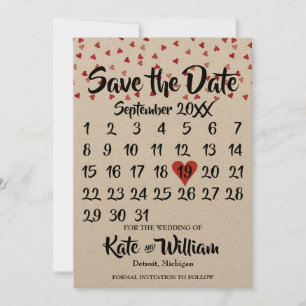 Rustikaler Rubinroter Liebesherz-Kalender - Termin Save The Date