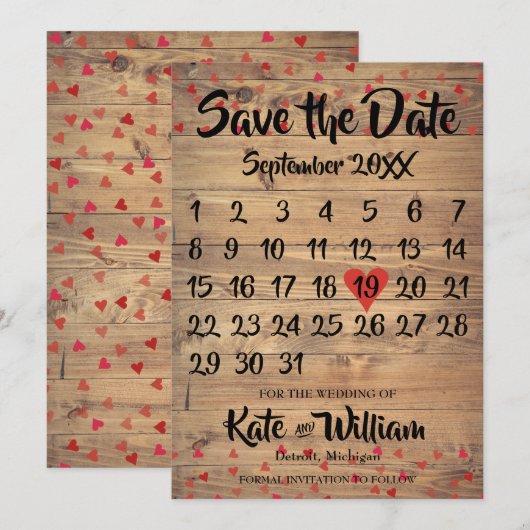 Rustikaler Ruby Red Liebe Herzkalender Save the Da Date (Vorne/Hinten)