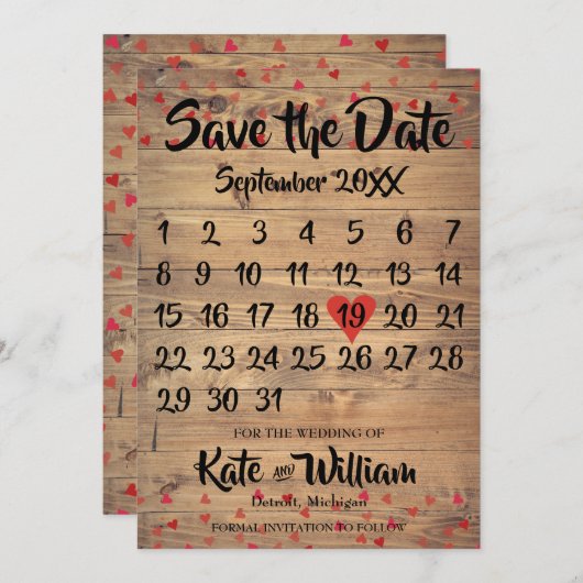 Rustikaler Ruby Red Liebe Herzkalender Save the Da Save The Date (Vorne/Hinten)