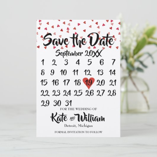 Rustikaler Ruby Red Liebe Herzkalender Save the Da Save The Date (Stehend Vorderseite)