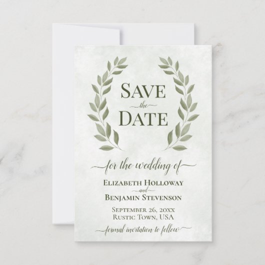 Rustikaler Sage Green Laurel Verlasse Elegante Hoc Save The Date (Vorderseite)
