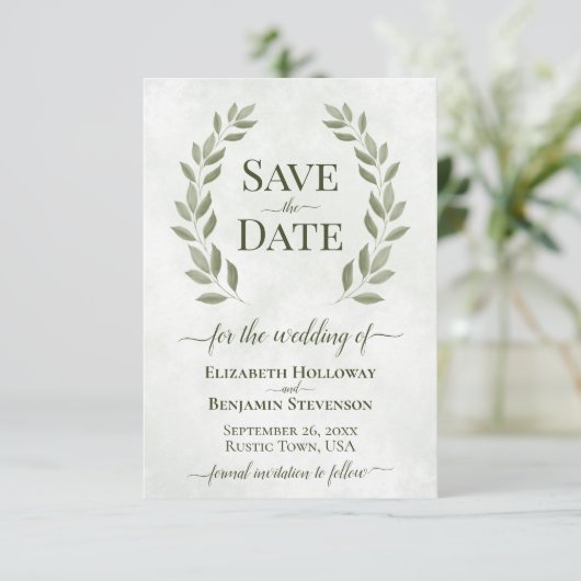 Rustikaler Sage Green Laurel Verlasse Elegante Hoc Save The Date (Stehend Vorderseite)