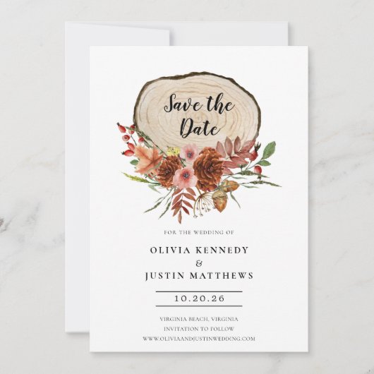 Rustikaler Save the Date Fall Blumenholz-Slice Inv Einladung (Vorderseite)