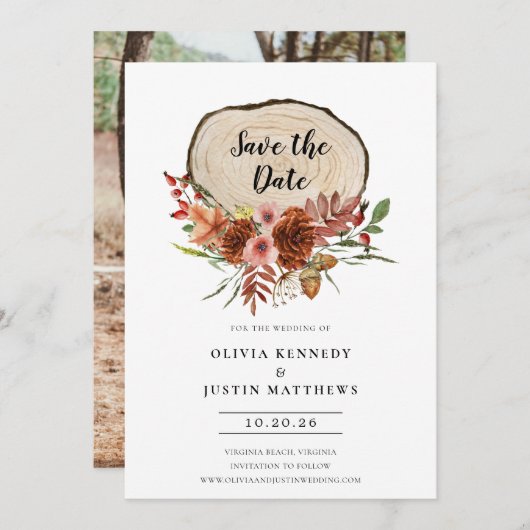 Rustikaler Save the Date Fall Blumenholz-Slice Inv Einladung (Vorne/Hinten)