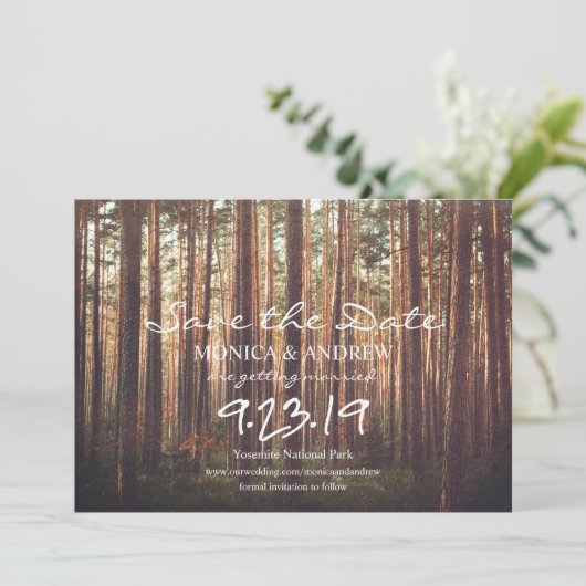 Rustikaler Save the Date Waldbaum Einladung (Stehend Vorderseite)