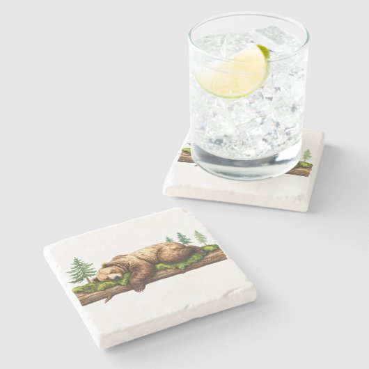 Rustikaler Schlafbär Wasserfarbe Steinuntersetzer (Seitenansicht)