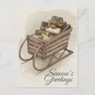 Rustikaler Schlitten voller Geschenke Aquarell Feiertagspostkarte