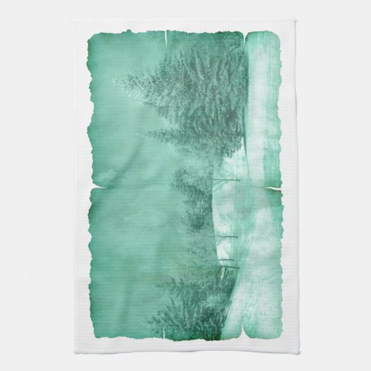 Rustikaler Schnee immergrün Winterszene Pergament Geschirrtuch (Vertikal)