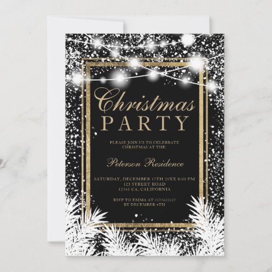 Rustikaler Schnee schwarze Weihnachtskiefer-Saiten Einladung (Vorderseite)