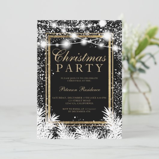 Rustikaler Schnee schwarze Weihnachtskiefer-Saiten Einladung (Stehend Vorderseite)