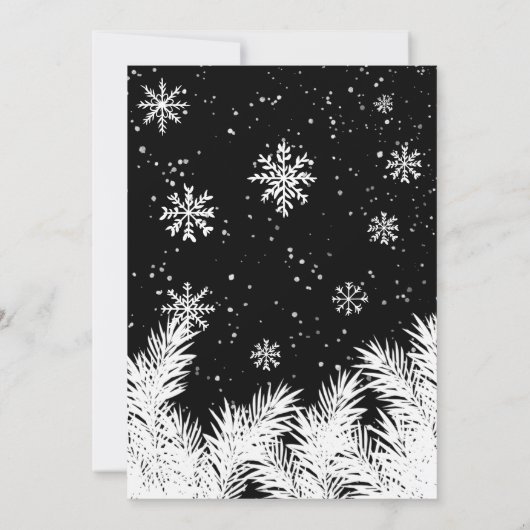 Rustikaler Schnee schwarze Weihnachtskiefer-Saiten Einladung (Rückseite)