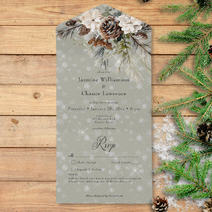 Rustikaler Schneefall Kiefer & Weiß Floral Sage De All In One Einladung