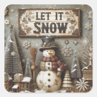 Rustikaler Schneemann 'Let It Snow' Winter-Aufkleb Quadratischer Aufkleber