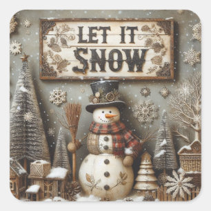 Rustikaler Schneemann 'Let it Snow' Winteraufklebe Quadratischer Aufkleber