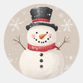 Rustikaler Schneemann mit Schneeflocken Illustrati Runder Aufkleber