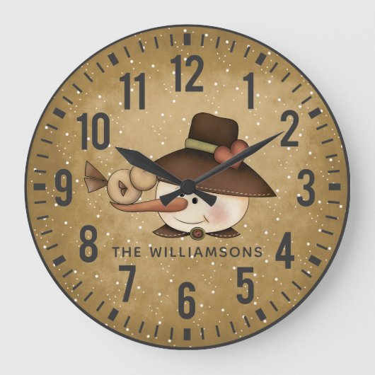 Rustikaler Schneemann Personalisiert Große Wanduhr (Vorderseite)