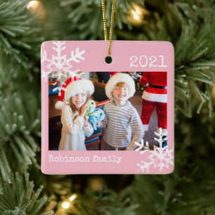 Rustikaler Schneestern Familie Pink Keramikornament