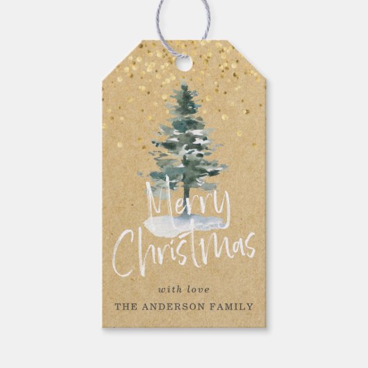 Rustikaler Schneeweihnachtsbaum Geschenkanhänger (Vorderseite)