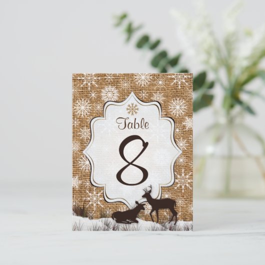 Rustikaler Schoß, Schneeflocken, Hirsche-Tischnumm Postkarte (Stehend Vorderseite)