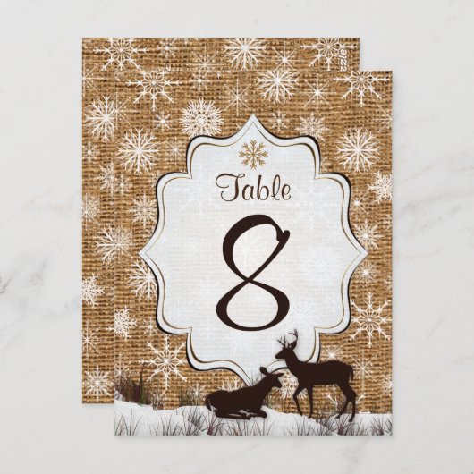 Rustikaler Schoß, Schneeflocken, Hirsche-Tischnumm Postkarte (Vorne/Hinten)