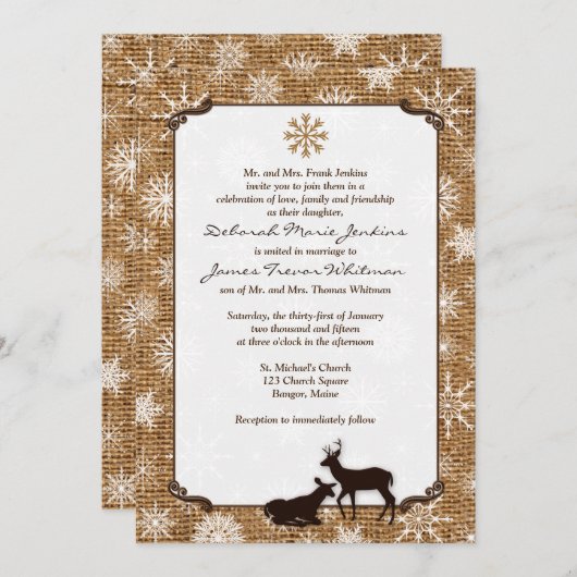 Rustikaler Schoß, Schneeflocken & Hirschhochzeit E Einladung (Vorne/Hinten)