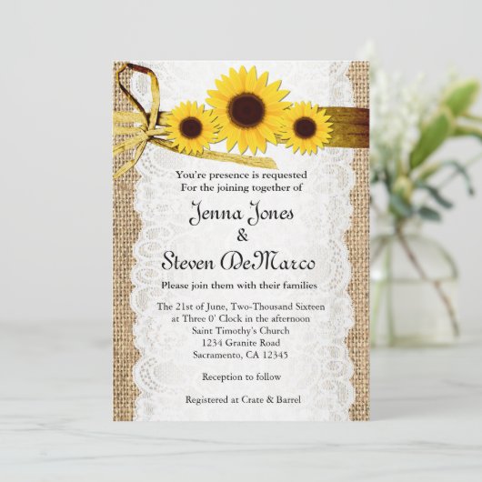 Rustikaler Schoß, Spitzen, Sonnenblumen Einladung  (Stehend Vorderseite)