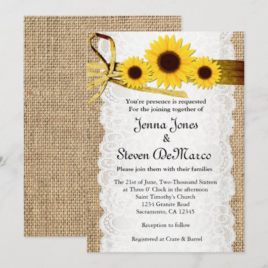 Rustikaler Schoß, Spitzen, Sonnenblumen Einladung  (Vorne/Hinten)