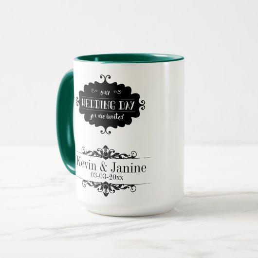 Rustikaler Schwarz-Rett-The-Date-Wedding-Day Bride Tasse (Vorderseite Links)